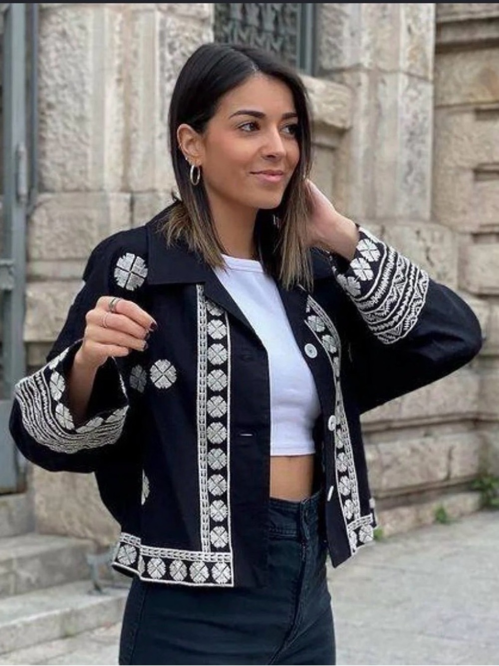 Zara Black Cropped Jacket with White Embroidered Trim